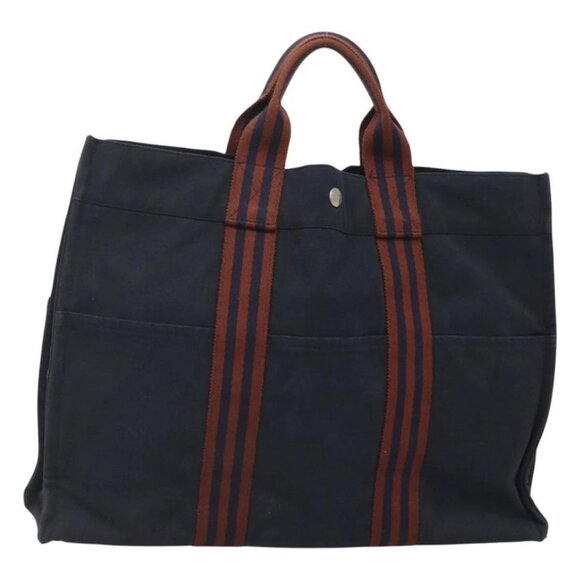 HERMES Fourre Tout MM Hand Bag Canvas Navy - Picture 1 of 16
